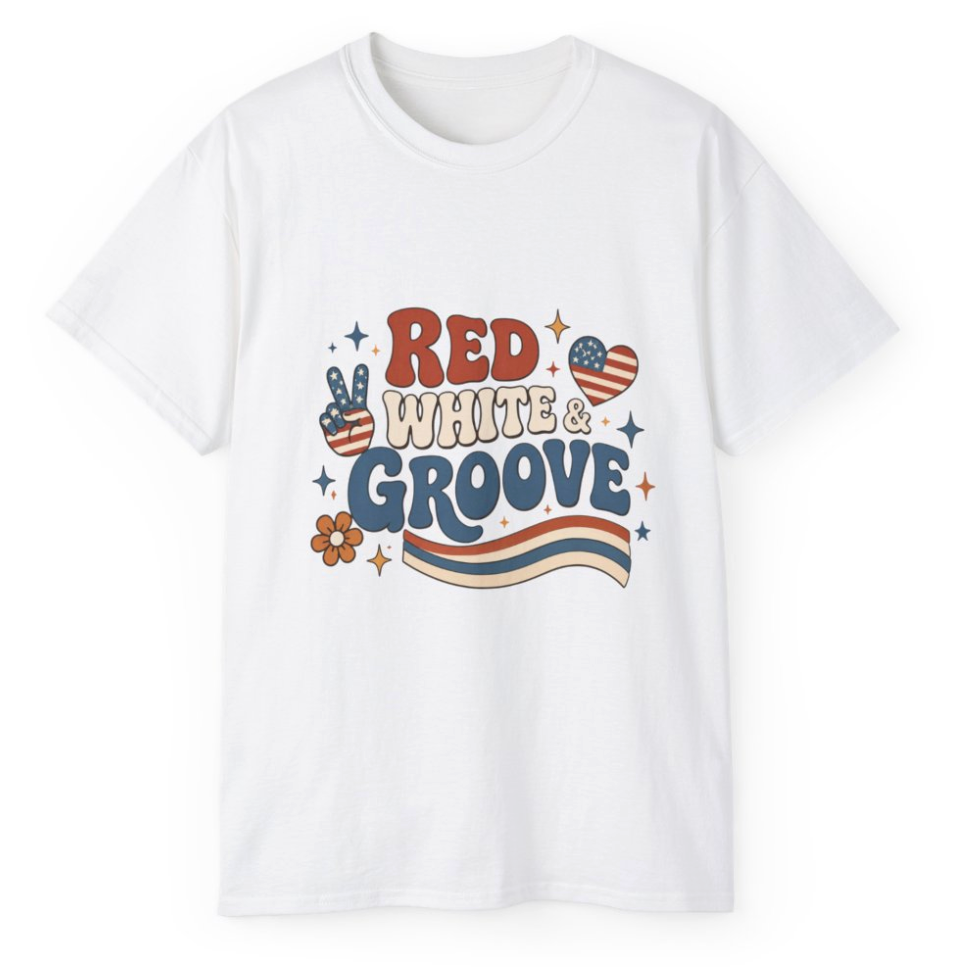 Red White & Groove Peace & Love Retro T-Shirt